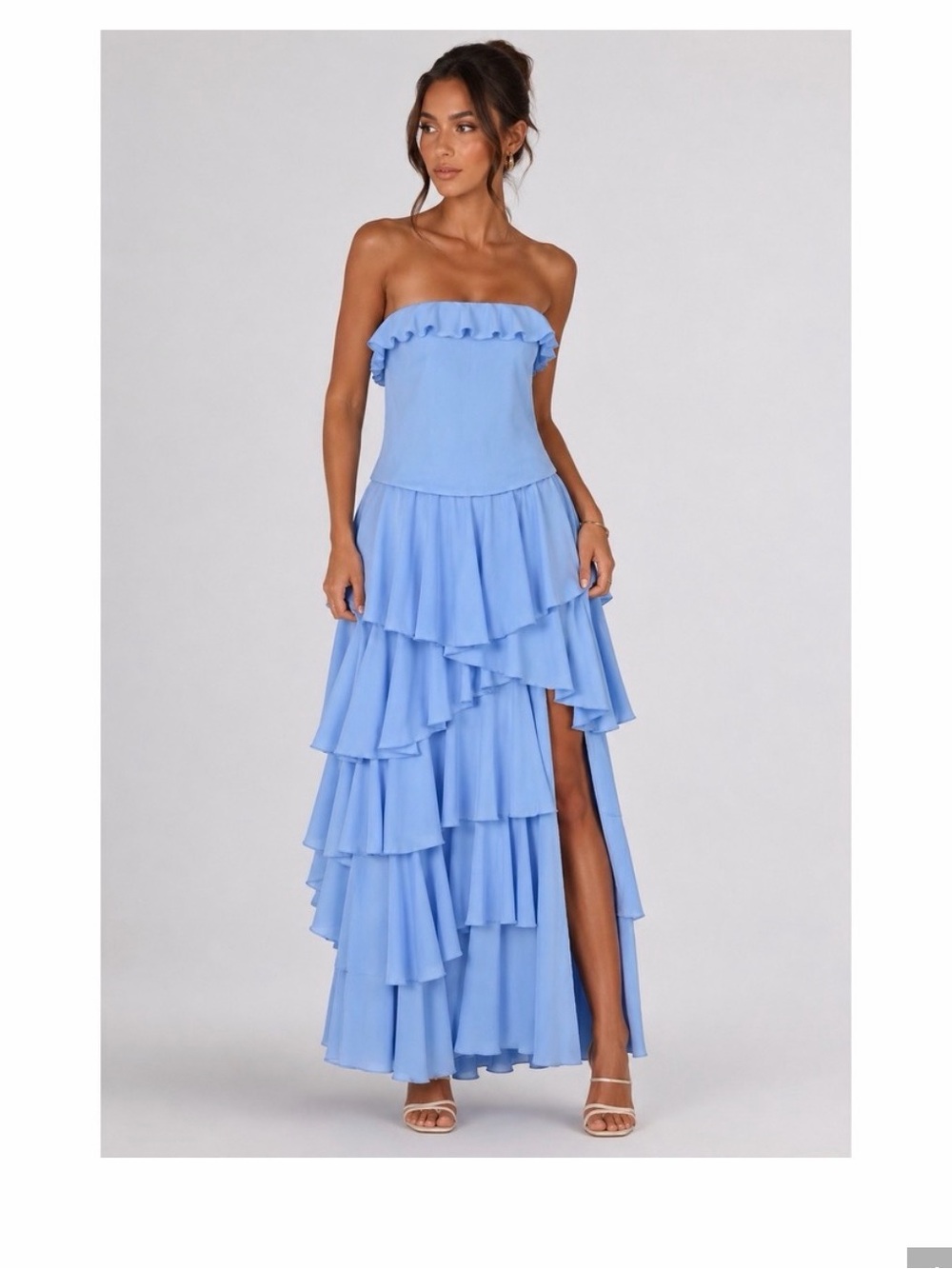NWT - 14- Oh Polly Strapless Ruffle Tiered Dress in Light Blue